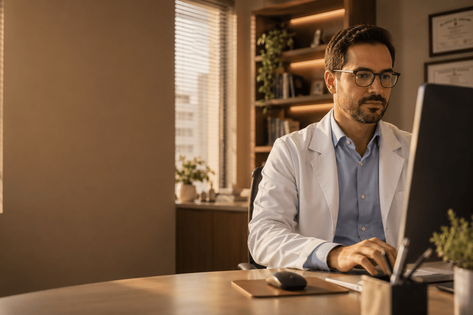 Médico tranquilo em consultório organizado depois da troca