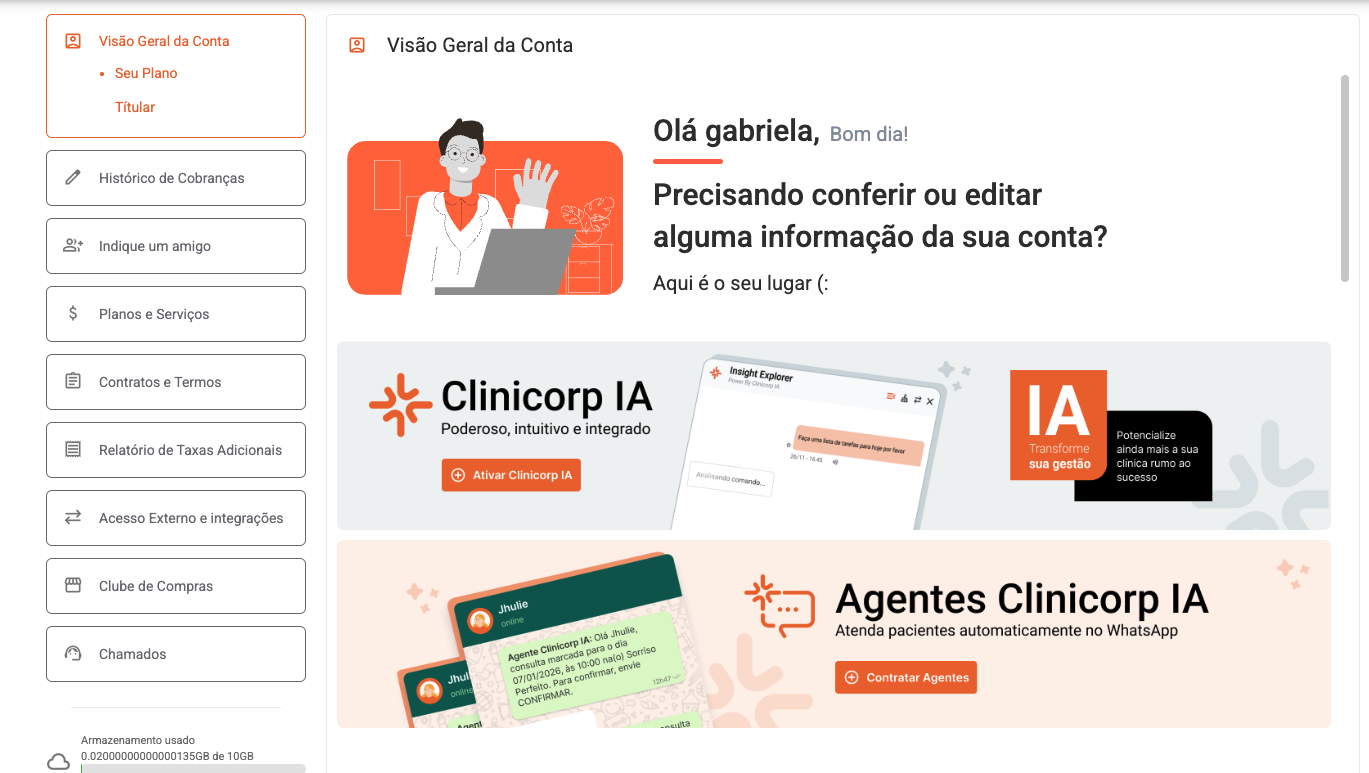 Página de Gerenciar Assinatura do Clinicorp