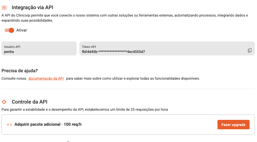 Seção Integração via API com toggle Ativar e campos Usuário API e Token API