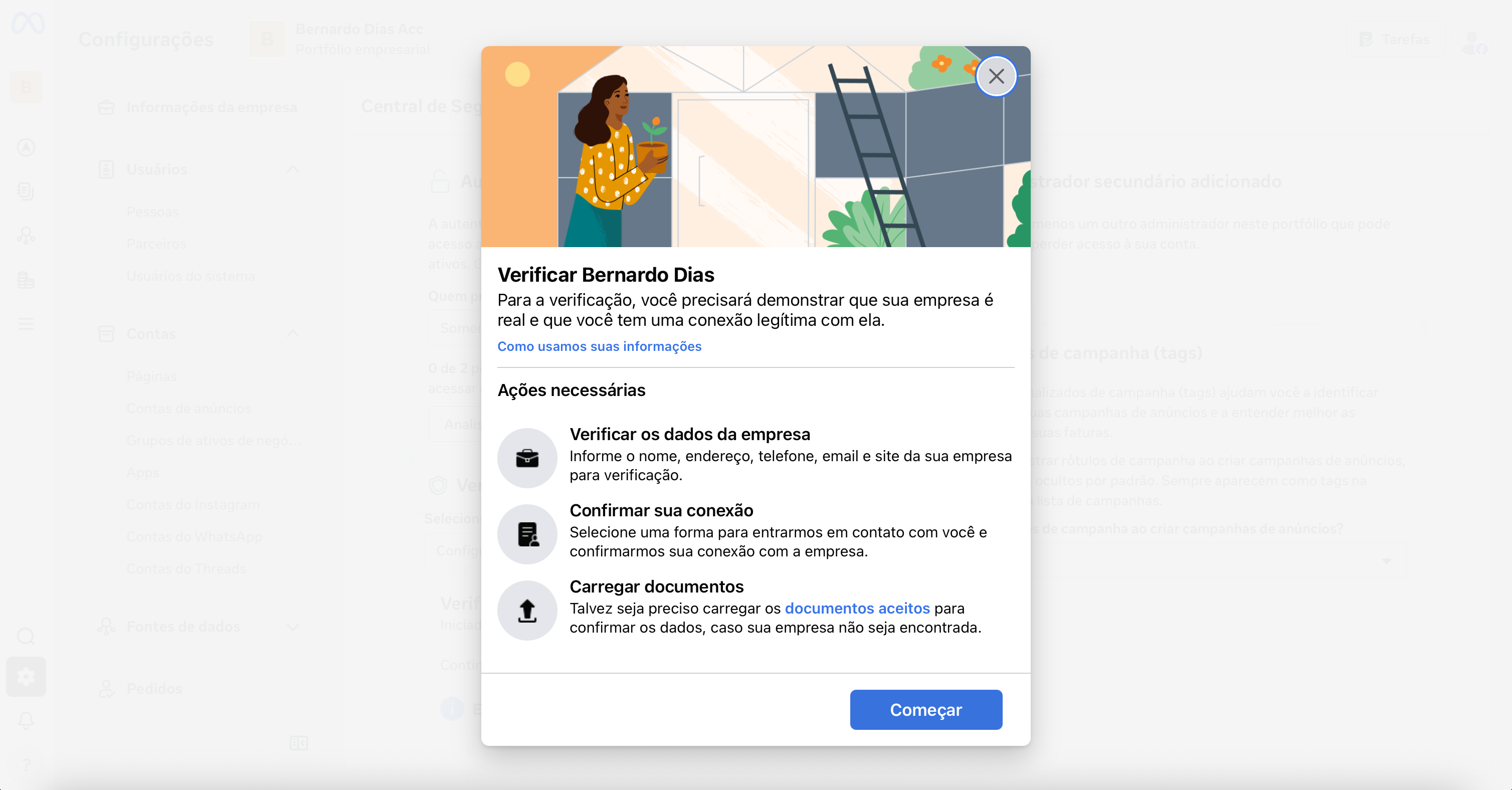 Fluxo de verificação da empresa na Meta